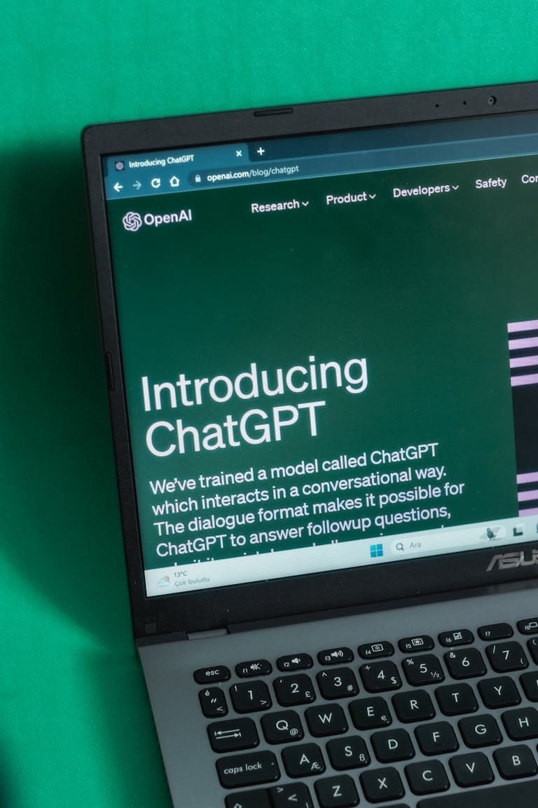 Laptop screen displaying the introductory page of ChatGPT